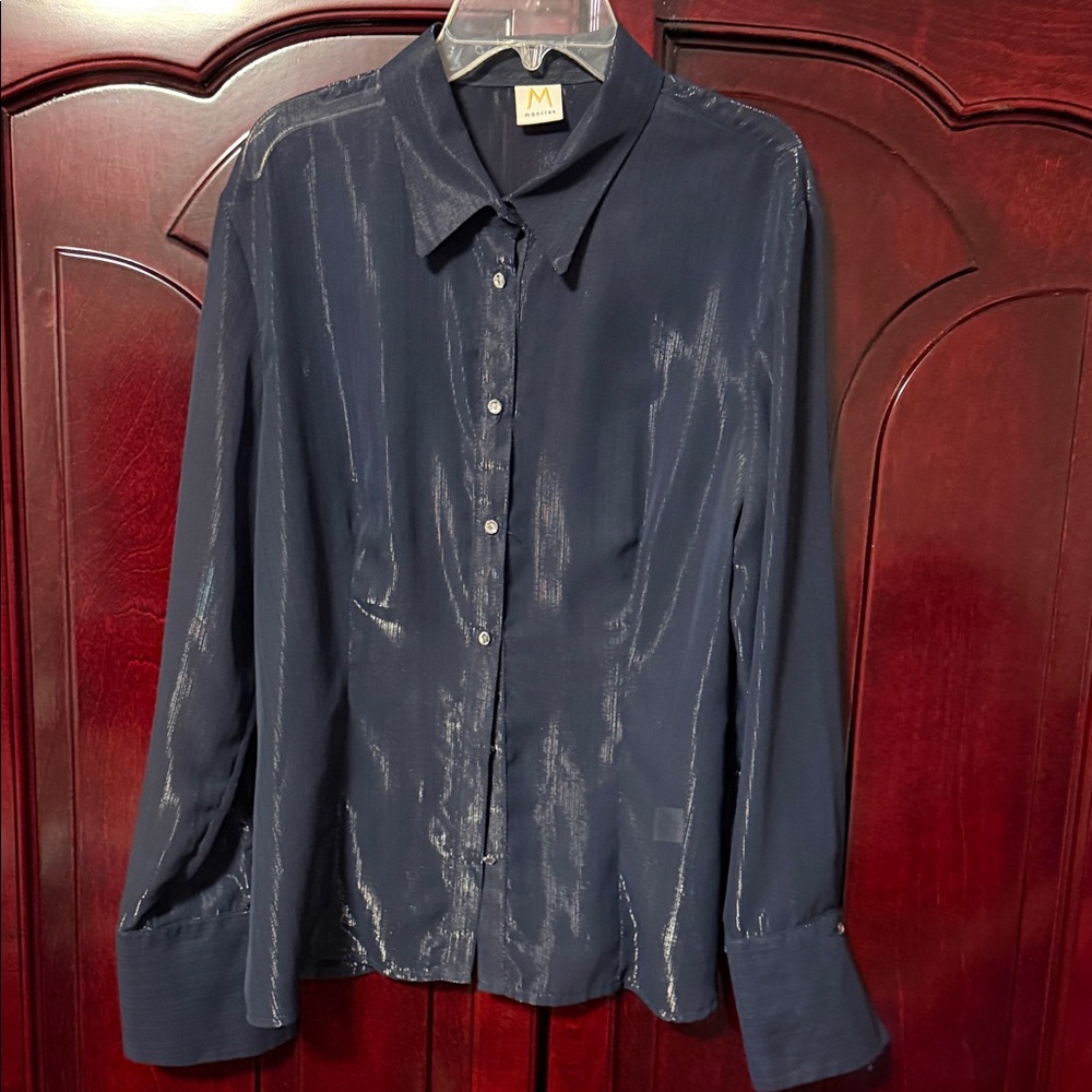 Shimmery Navy Button-Front Blouse - M